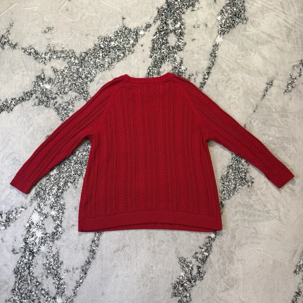 Lands End Sweater Womens Size 3X Red Cable Knit Fisherman Cotton Neckline‎
